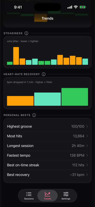 Personal bests — highest groove, most hits, longest session, best streak