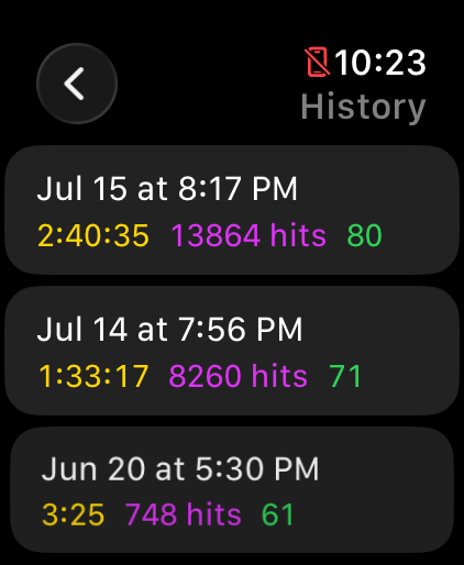 DrumPulse session history on Apple Watch