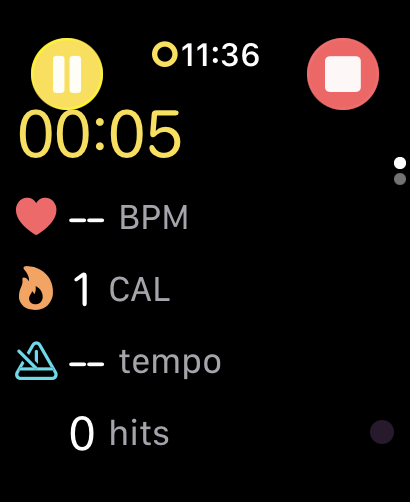 DrumPulse live session on Apple Watch showing heart rate, calories, tempo and hits